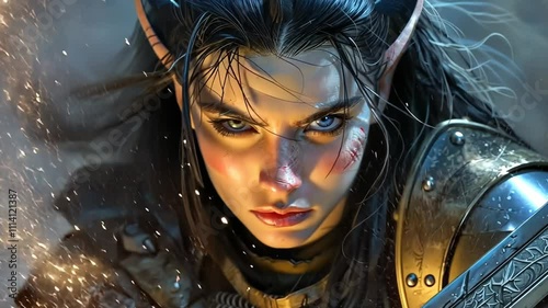 beautiful girl elven warrior showcases striking features and intricate armor in a captivating fantasy environment