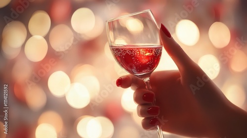 Elegante Frauenhand mit rotem Nagellack hÃ¤lt funkelndes Champagnerglas. Festliche Silvester-Stimmung mit Bokeh-Lichtern. GlamourÃ¶se Party-AtmosphÃ¤re fÃ¼r Neujahr