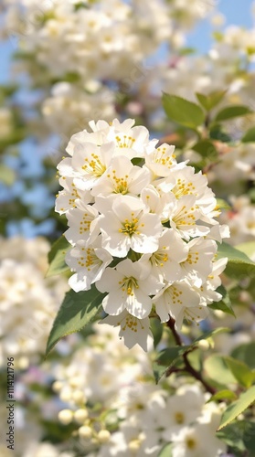 A cluster of white viburnum blossoms on a sunny day in a garden, cluster, sunny