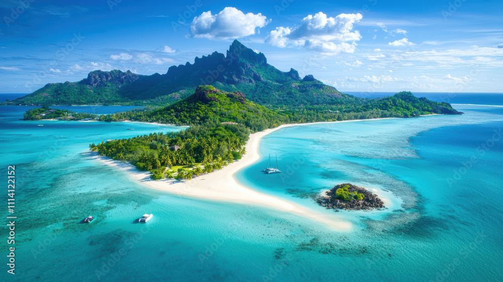 Enchanting aerial view of tropical island with lush greenery, white sandy beaches, and crystal clear waters. perfect paradise for relaxation and adventure Enchanting aerial view of tropical island with lush greenery, white sandy beaches, and crystal clear waters. perfect paradise for relaxation and adventure