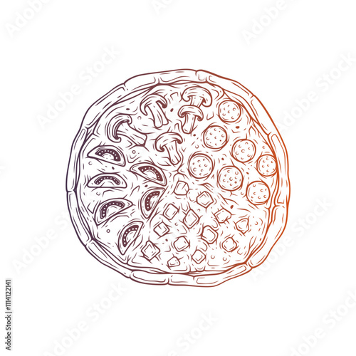 Large round assorted pizza with mushrooms, cheese, salami and tomatoes. Original vector illustration in vintage style.