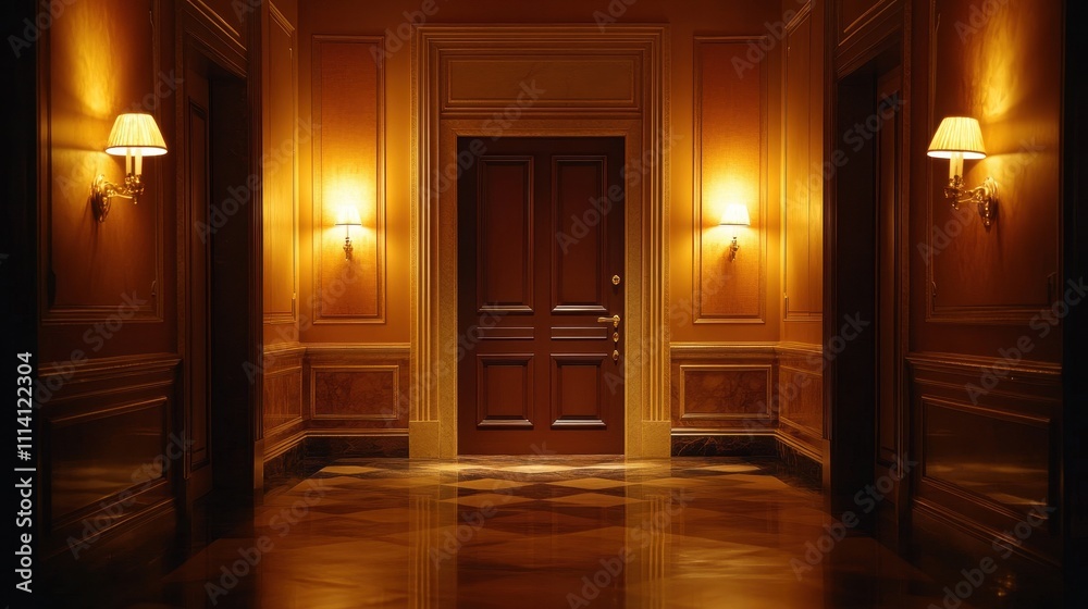 Warm light illuminating slightly open elegant door in a dark luxurious interior hallway with wall lamps and classic design, creating an inviting and mysterious ...