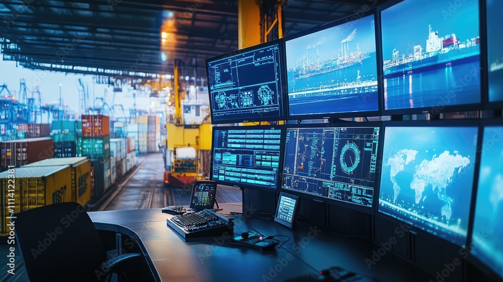 Interior view of a shipping yard control room, monitors displaying live feeds and data, [shipping yard], [management and control]