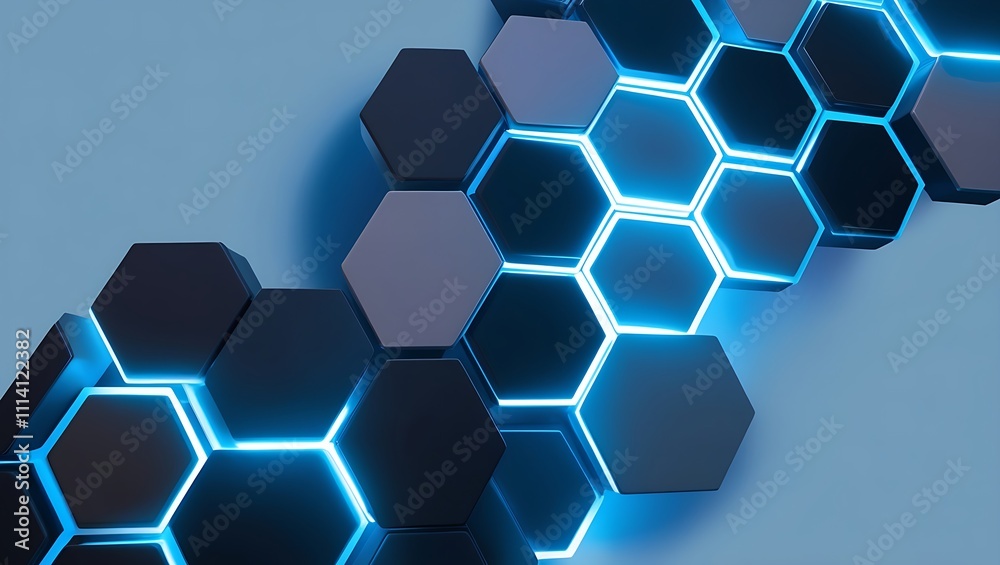 Digital abstract artwork featuring a pattern of hexagonal shapes in dark blue with neon blue outlines, set against a smooth gradient background, conveying technology and innovation. Digital abstract artwork featuring a pattern of hexagonal shapes in dark blue with neon blue outlines, set against a smooth gradient background, conveying technology and innovation.