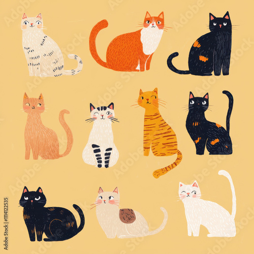 folky illustration of various cats in different colors and poses, cute, fun, whimsical 