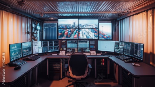 Interior view of a shipping yard control room, monitors displaying live feeds and data, [shipping yard], [management and control] photo