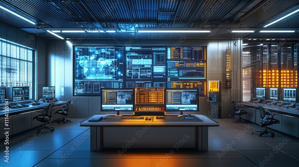 Interior view of a shipping yard control room, monitors displaying live feeds and data, [shipping yard], [management and control]