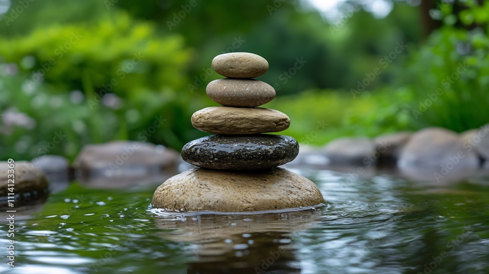 Peaceful Zen Garden with Stacked Stones and Rippling Water Peaceful Zen Garden with Stacked Stones and Rippling Water