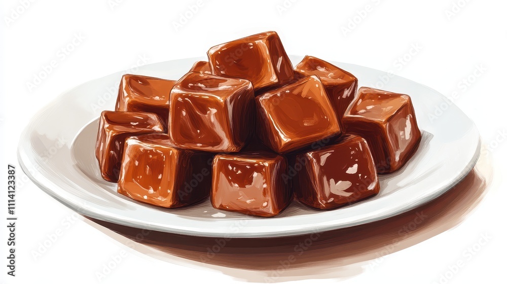 Artfully displayed toffee pieces on a white plate, highlighting their glossy caramel texture, illustration on a white background. Artfully displayed toffee pieces on a white plate, highlighting their glossy caramel texture, illustration on a white background.