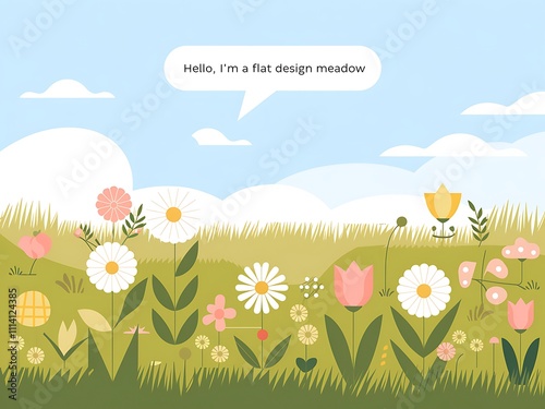 A Flat Design Meadow With Colorful Flowers And Grass