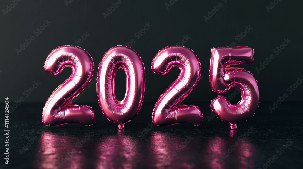 Pink and purple balloons with the words 2025 on a black background Pink and purple balloons with the words 2025 on a black background