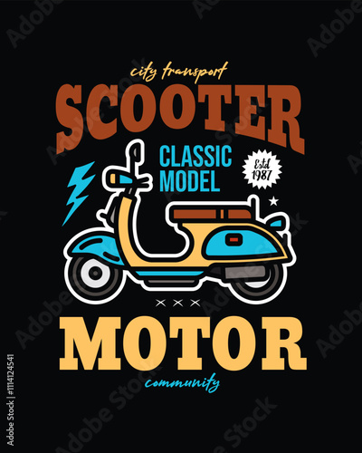 Classic old scooter poster. Original vector illustration in vintage style. T-shirt design.