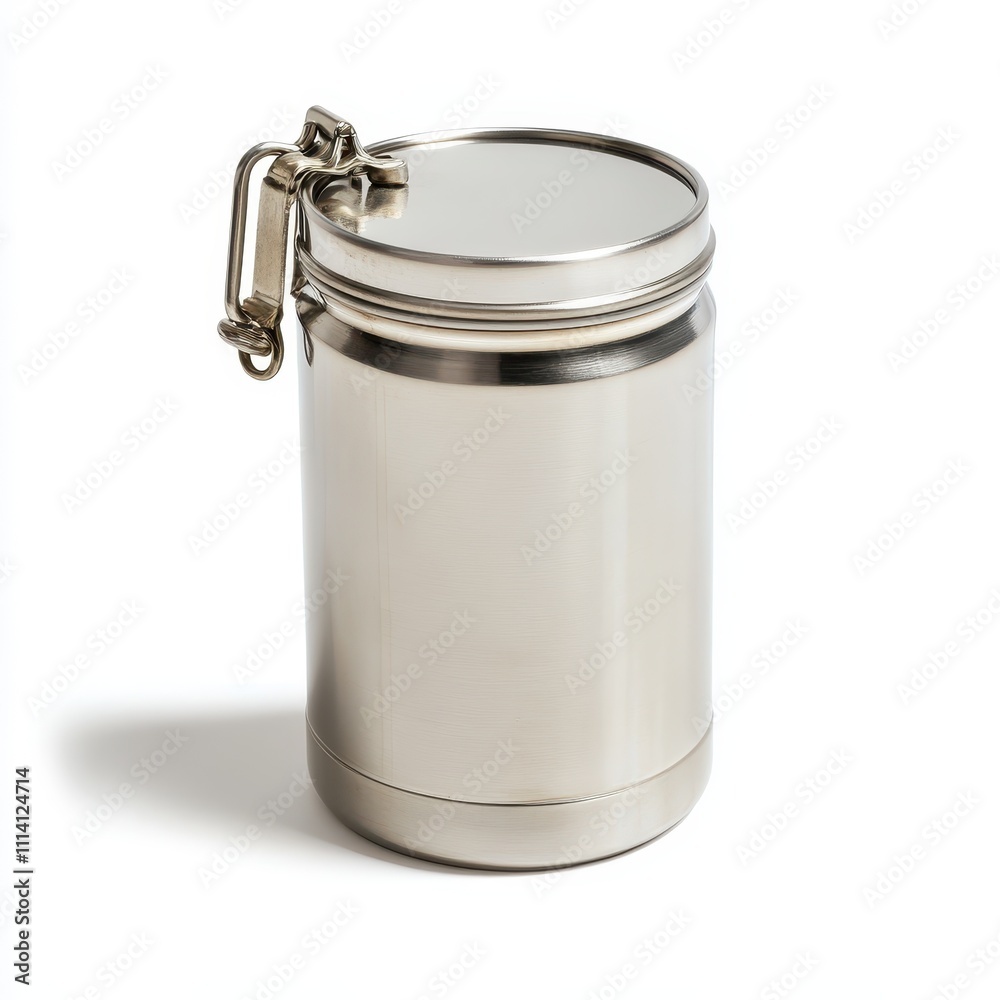 Stainless steel canteen with a secure lid, ideal for camping and hiking, isolated on a white background. Stainless steel canteen with a secure lid, ideal for camping and hiking, isolated on a white background.