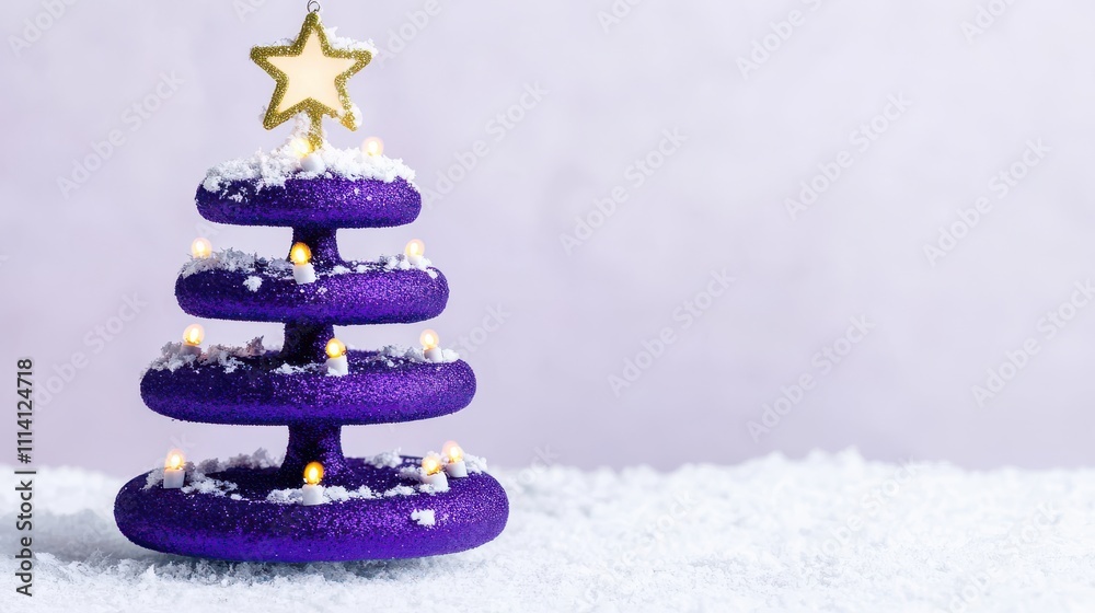 A Beautifully Designed Purple Christmas Tree Decoration with a Star Topper and Snowy Detail Perfect for Holiday Celebrations and Festive Atmosphere A Beautifully Designed Purple Christmas Tree Decoration with a Star Topper and Snowy Detail Perfect for Holiday Celebrations and Festive Atmosphere
