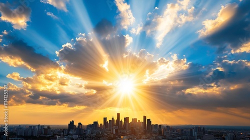 Radiant Cityscape - Urban Skyline with Sunbeams Breaking Through Dramatic Clouds