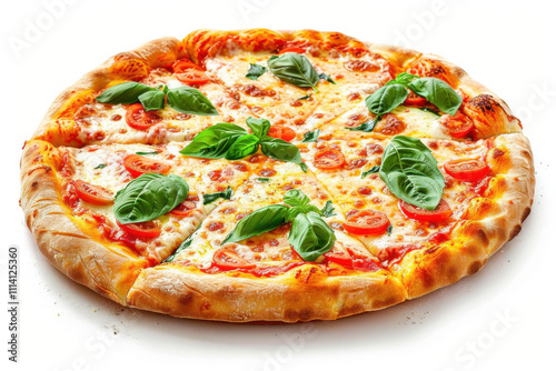Pizza Margherita: Photograph a classic Margherita pizza with tomato sauce, mozzarella, and fresh basil leaves. 