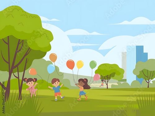 Happy Children Playing With Balloons In A Park