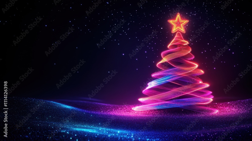 Neon Christmas tree with star on black background. Neon Christmas tree with star on black background.