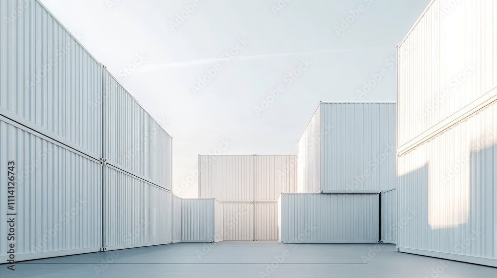 Minimalist view of stacked white cargo containers, clean lines and neutral tones, [cargo containers], [modern aesthetics]
