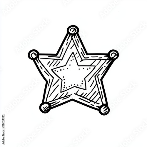 A comic doodle sketch of a hand-drawn sheriff star, symbolizing a cowboy or western theme, depicted as a modern, isolated illustration. photo