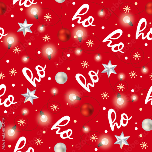 Ho-ho-ho, laughing Santa Claus. Seamless texture for Christmas design. Vector red background with handwritten white words and Christmas lights.
