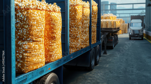 Popcorn factory. A vibrant scene showing trailers loaded with yellow corn sacks, ready for transport in a warehouse setting. photo