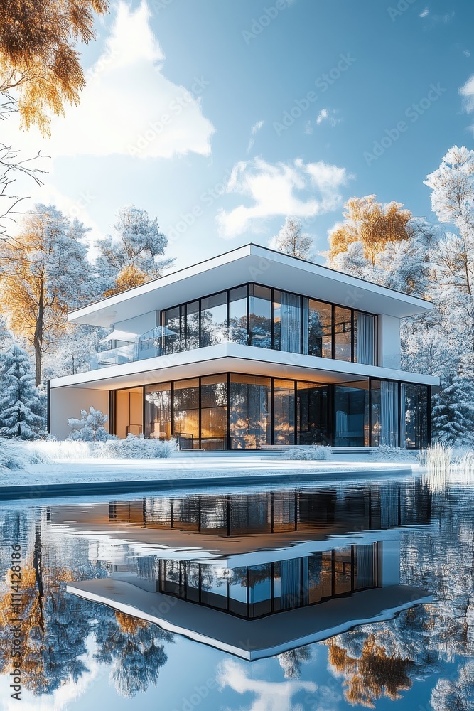 Modern Glass House with Scenic Reflection in Tranquil Lake Surrounded by Autumn Trees and Clear Blue Sky Modern Glass House with Scenic Reflection in Tranquil Lake Surrounded by Autumn Trees and Clear Blue Sky