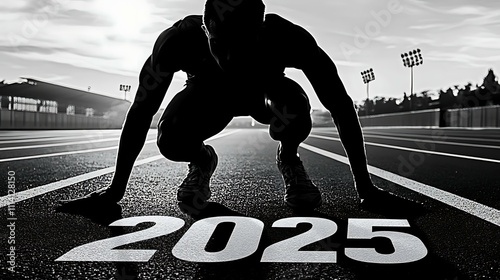 A silhouette of a runner poised to start on a track with 