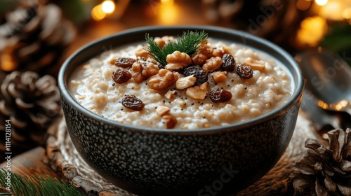 Traditional Christmas slavic dish kutia porridge with wheat grains, poppy seeds, nuts, raisins, and honey, perfect for festive menus and recipes