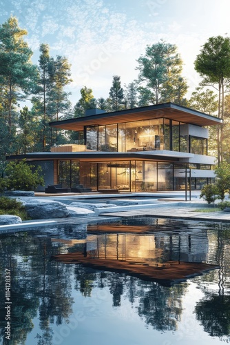 Modern Glass House in Forested Landscape with Reflective Pond and Blue Sky at Dusk Showcasing Contemporary Architecture and Natural Harmony