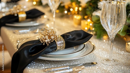 Silver table runner with black napkin rings and golden details
