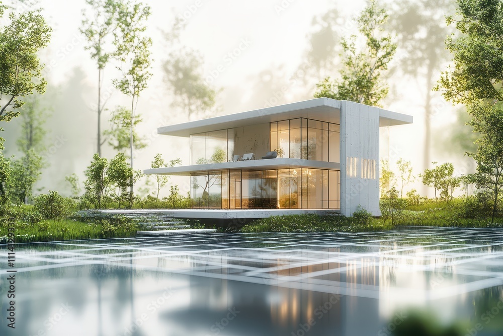 Modern Glass House in Serene Forest Setting with Reflective Water Feature and Lush Greenery Surrounding the Contemporary Architecture Modern Glass House in Serene Forest Setting with Reflective Water Feature and Lush Greenery Surrounding the Contemporary Architecture