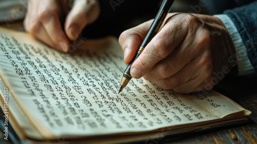 Aged Hands Writing in an Ancient Manuscript photo