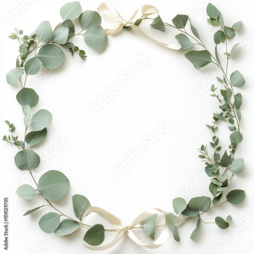 Elegant Eucalyptus Leaves and Soft Ribbon Framing on White Background for Special Occasions.Fresh Eucalyptus Leaves and Ribbon Frame on White Background, Bringing Natural Elegance