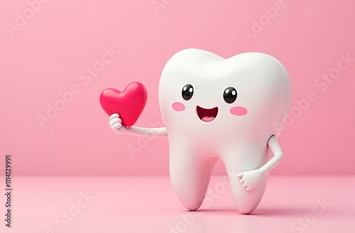 Cartoon tooth with red heart in hand on a pink background. Valentine's day dental concept