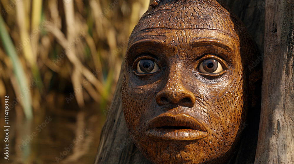 A detailed wooden sculpture of a face emerges from a natural setting, showcasing intricate carvings and lifelike features. A detailed wooden sculpture of a face emerges from a natural setting, showcasing intricate carvings and lifelike features.