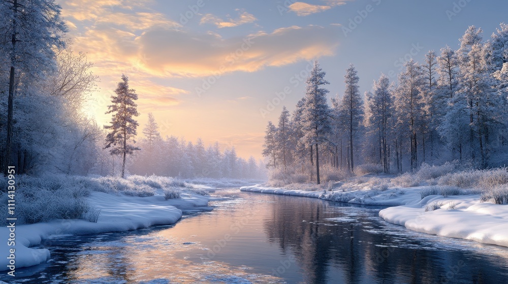 A serene winter landscape featuring a winding river surrounded by snow-covered banks and frosted trees, evoking tranquility. A serene winter landscape featuring a winding river surrounded by snow-covered banks and frosted trees, evoking tranquility.