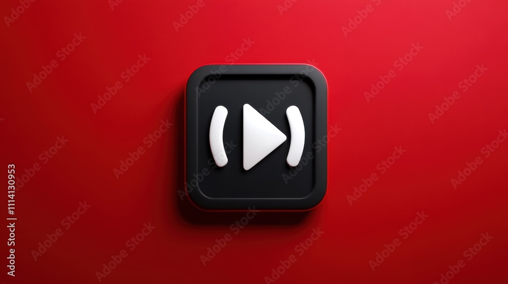 White forward button icon inside a black square with a red border, on a red background White forward button icon inside a black square with a red border, on a red background