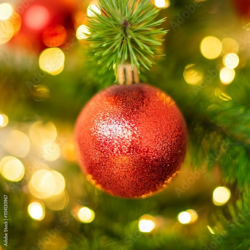 New Christmas ball with crystal hanging on Christmas tree. Merry Christmas concept.