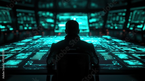 A silhouetted figure sits before a high-tech console illuminated with vibrant blue screens, evoking a futuristic control room atmosphere.