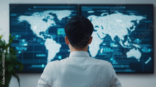 A person observes a digital world map displayed on monitors, surrounded by a modern office environment.