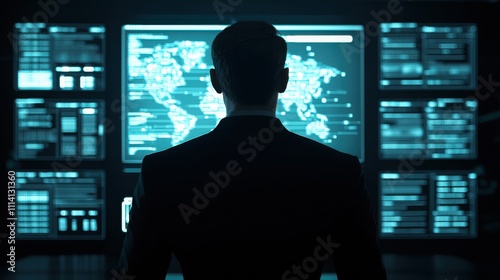 A silhouetted figure stands before multiple screens displaying global data and maps, suggesting a focus on analysis and technology.