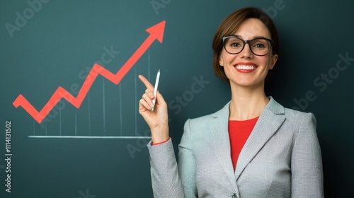 A confident woman in a blazer points to a rising graph on a chalkboard, symbolizing growth and success.