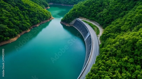 Serene Hydroelectric Dam Surrounded by Lush Nature,Showcasing Renewable Energy photo