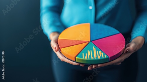 A person holds a colorful pie chart, symbolizing data visualization and analysis, with distinct sections showcasing various insights.