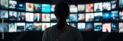 A silhouette of a person stands in front of numerous screens displaying various images, creating a dramatic and immersive atmosphere.