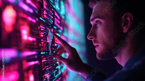 A focused individual interacts with a vibrant digital interface, showcasing data analysis and technology in a futuristic setting.