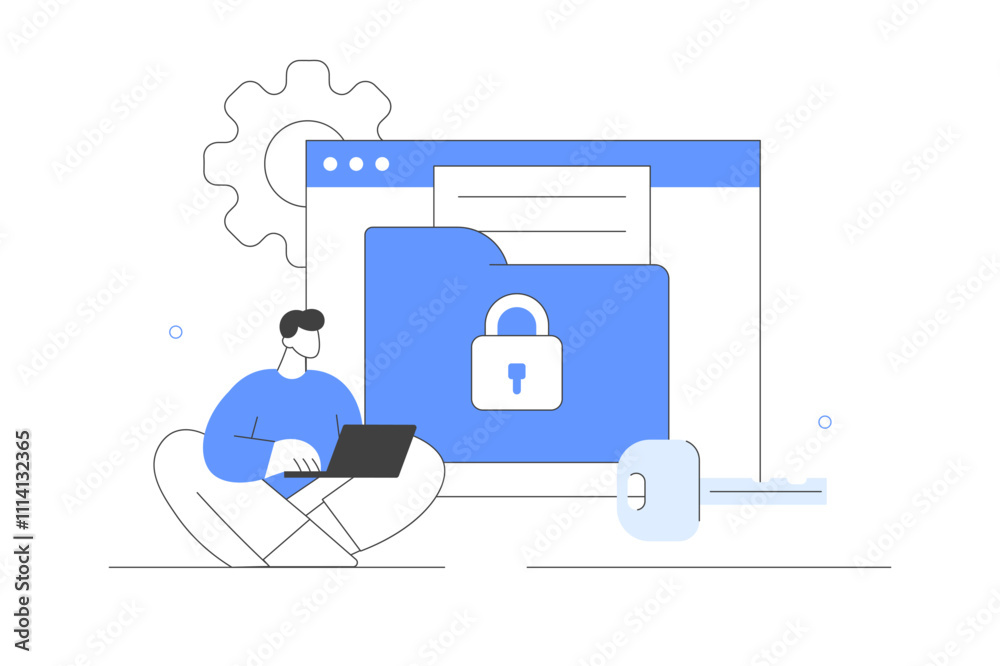 Character using сyber security services to protect documents and personal data. Cloud shared documents, privacy protection and secure files and folders. Flat Cartoon Vector Illustration, icon. Stylish Character using сyber security services to protect documents and personal data. Cloud shared documents, privacy protection and secure files and folders. Flat Cartoon Vector Illustration, icon. Stylish
