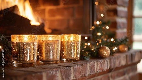 Silver and gold mercury glass candles lighting up a New Yeara??s fireplace. photo