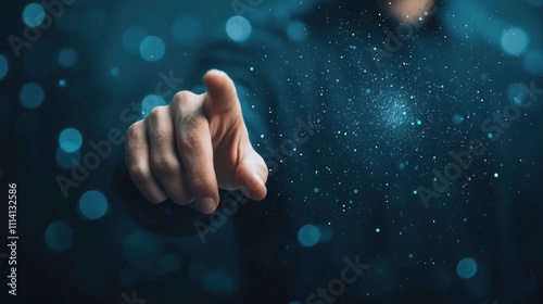 A hand reaches out, interacting with a digital or virtual environment, surrounded by shimmering particles.